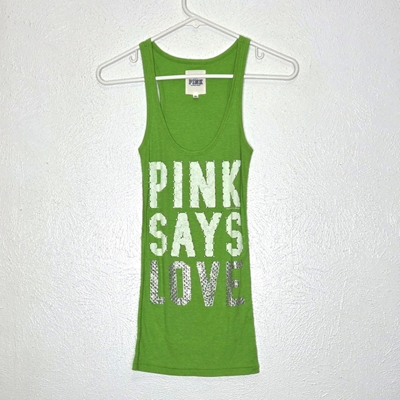 Y2k VS PINK Bling Tank Top Green Pink Says Love Women's Size Extra Small - Picture 1 of 12